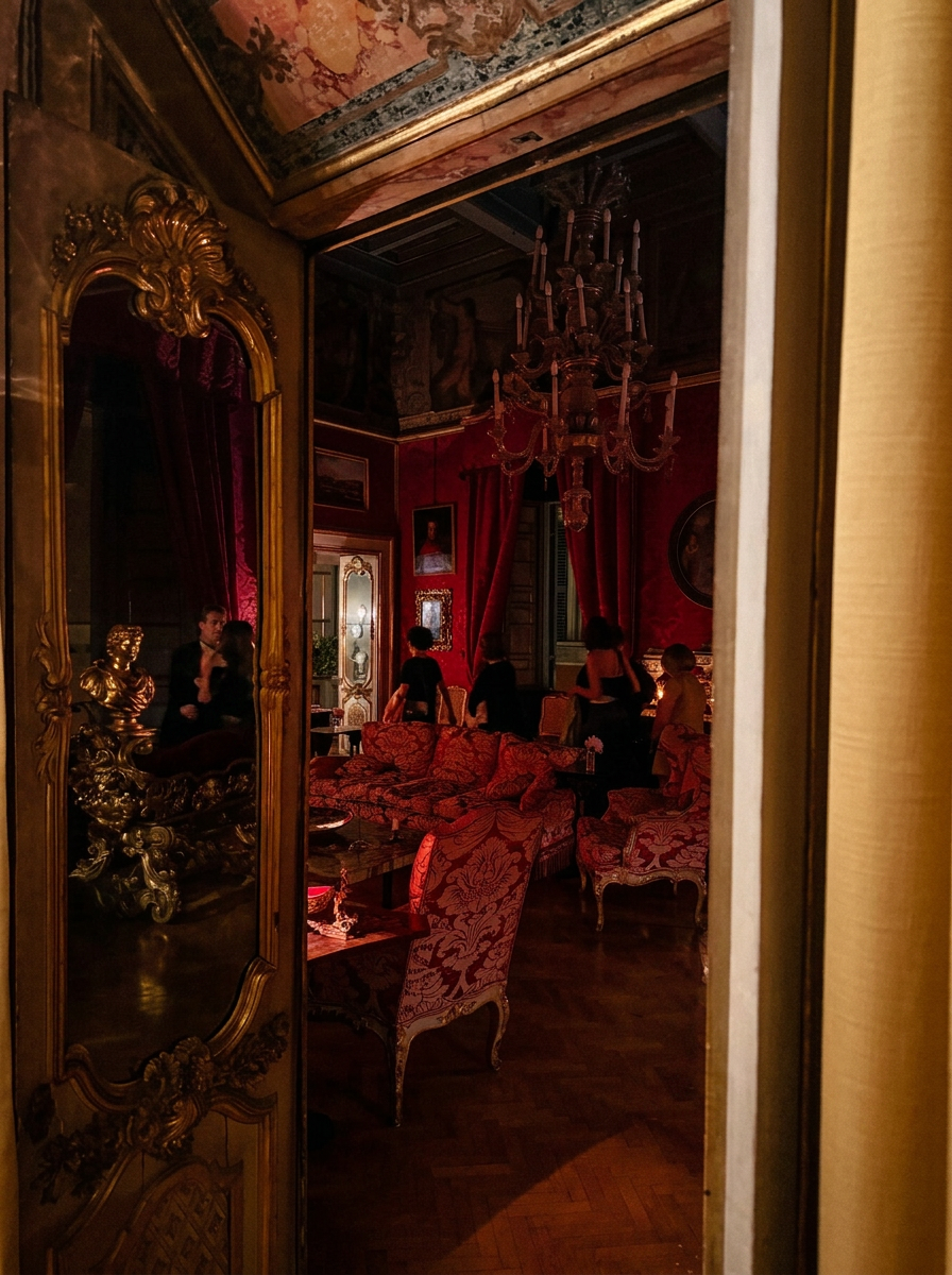 A view into the crimson salon through the gilded door