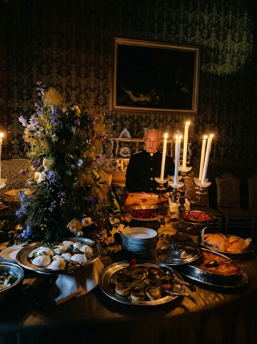 The butler at the candlelit buffet table