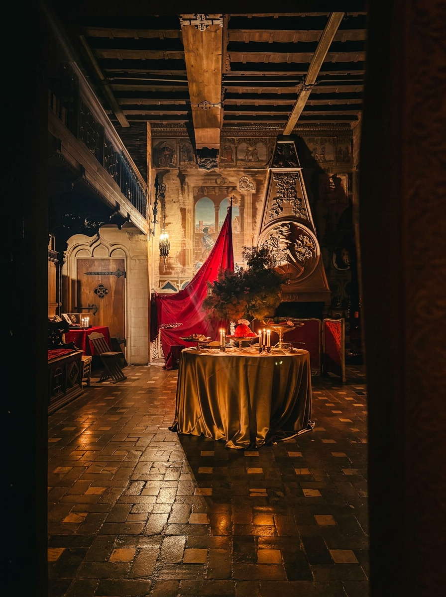 The Noble Hall: round table dressed in silk beneath the fresco