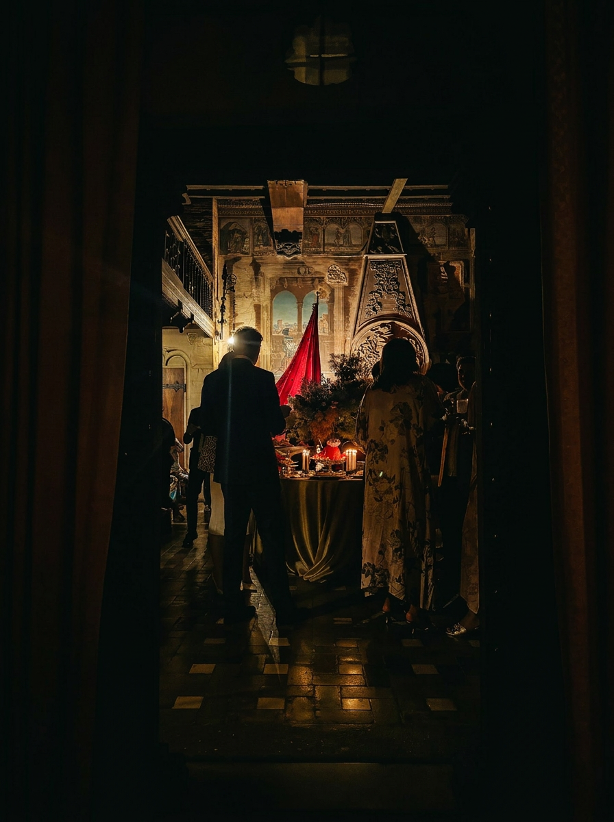 A glimpse through the doorway into the frescoed hall