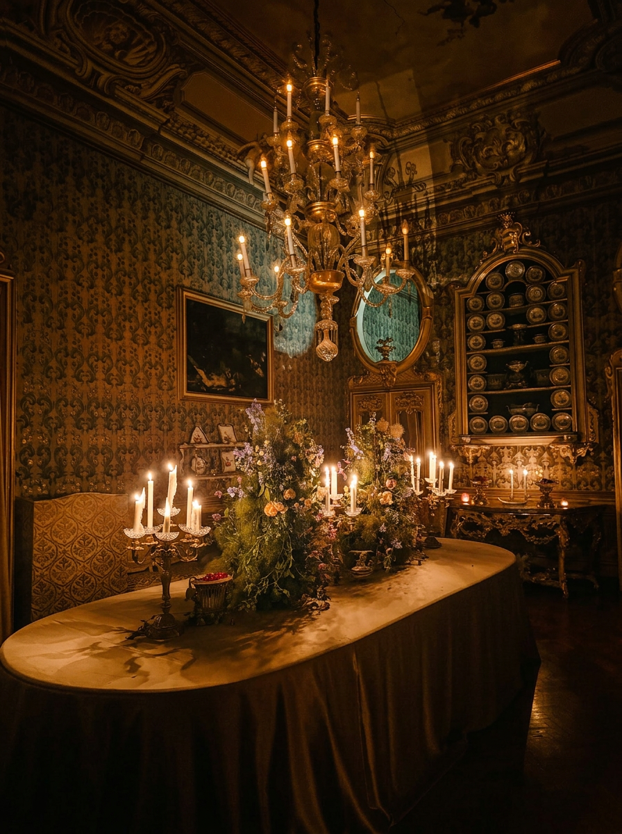 Marble table set with wildflowers under the Murano chandelier